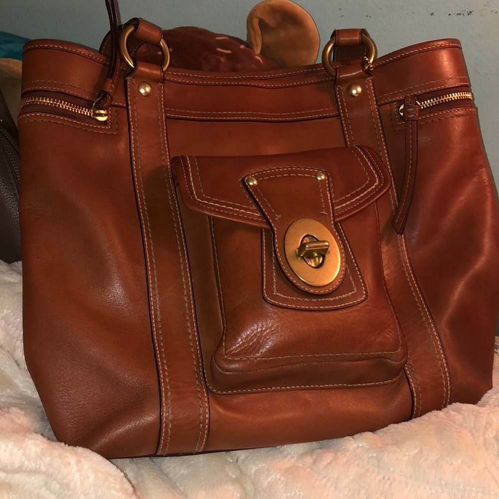 Coach Whiskey Turn Lock Leather Tote Bag